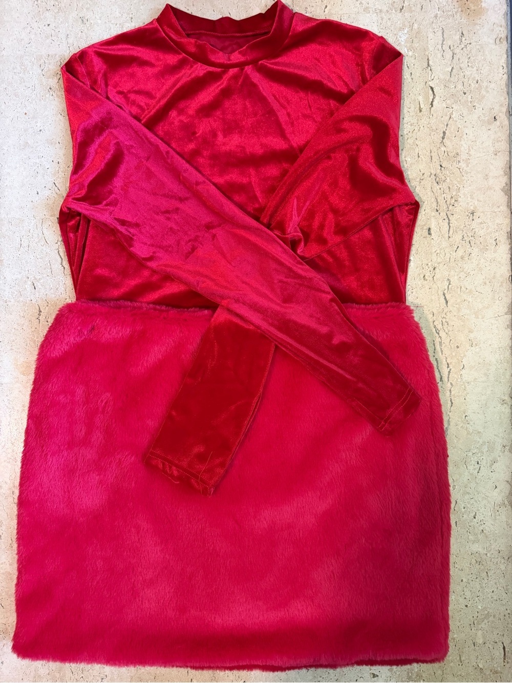 Women’s Velvet Body Suit with Fluffy Matching Red Skirt Size XL